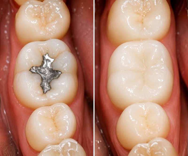 Illustration of a silver filling replaced with a tooth-colored restoration