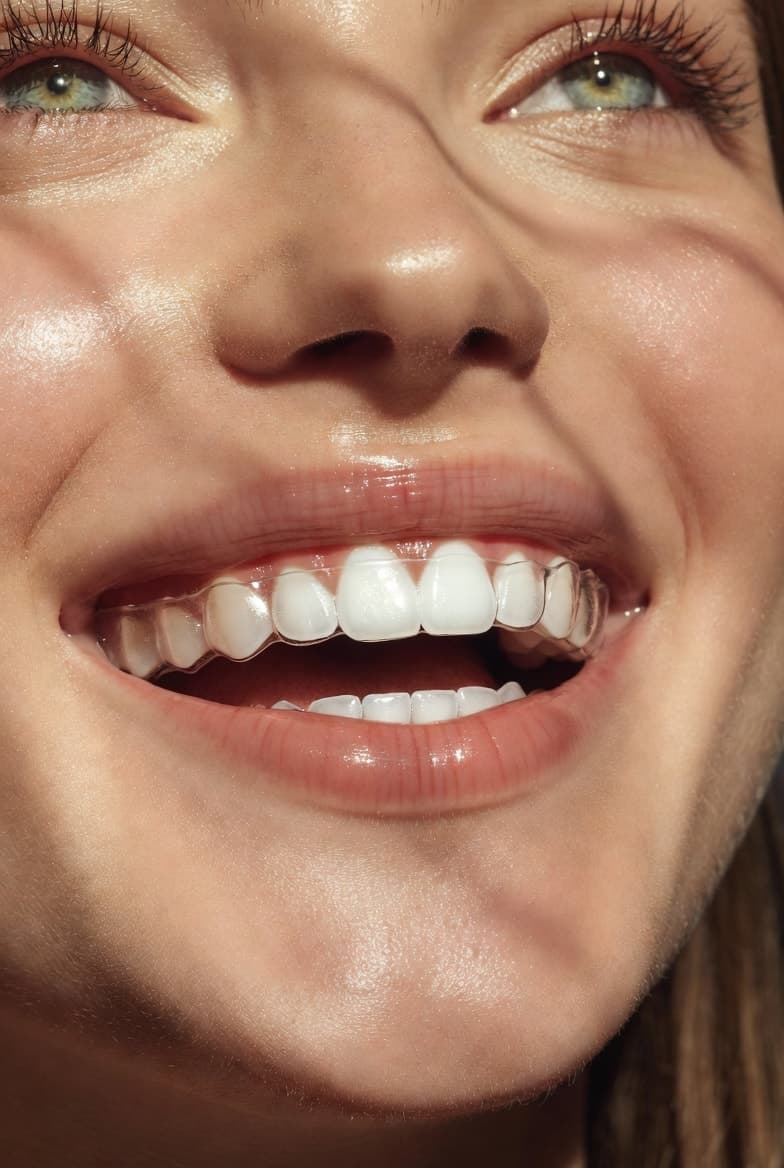 Woman smiling showing white teeth with clear aligners