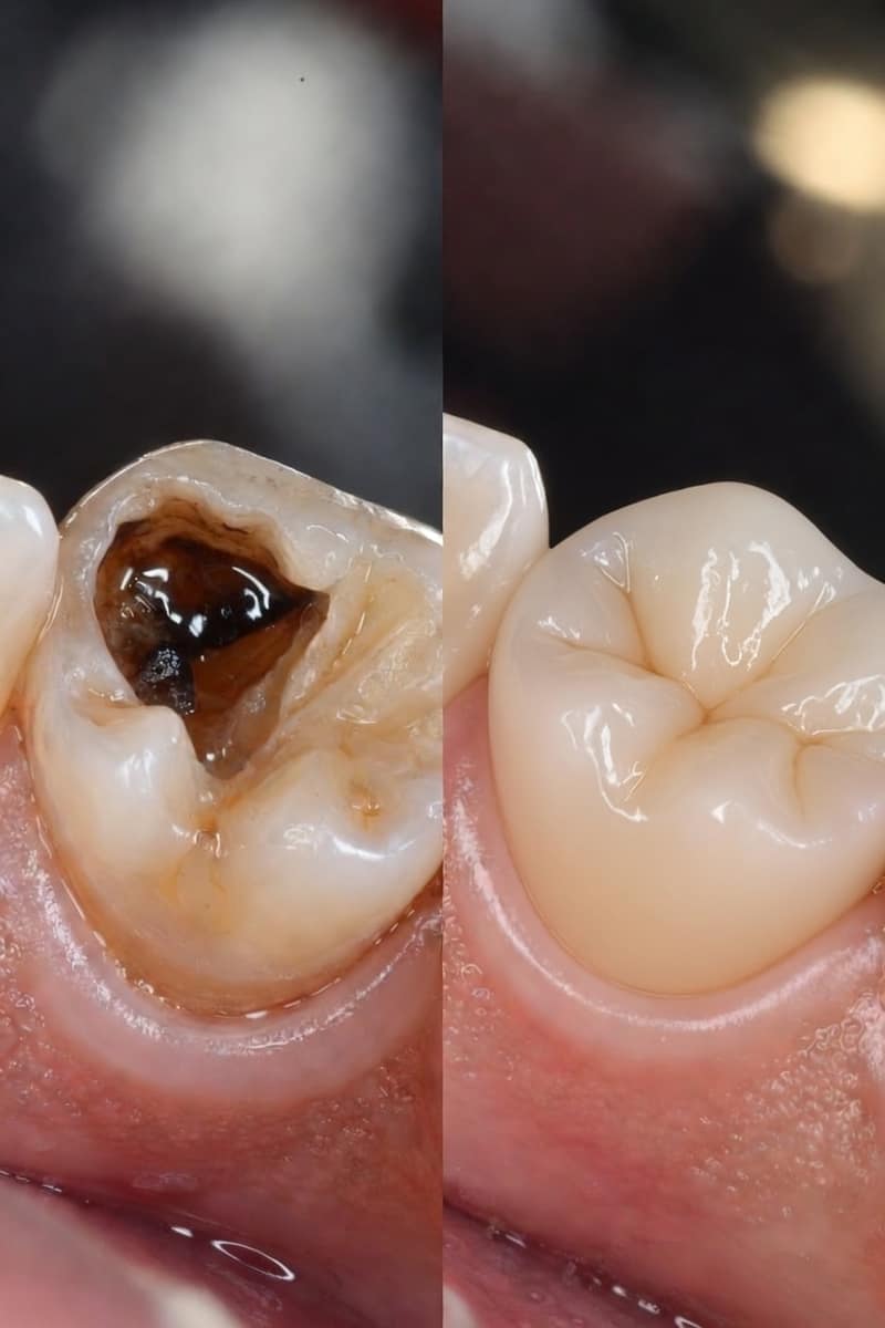 Tooth before and after restorative dental treatment