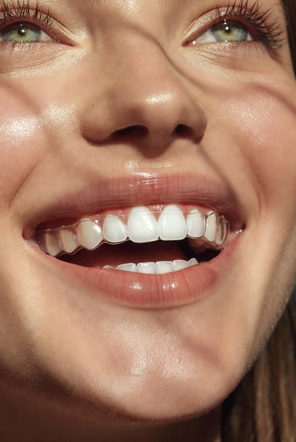 Close-up of clear aligners on teeth