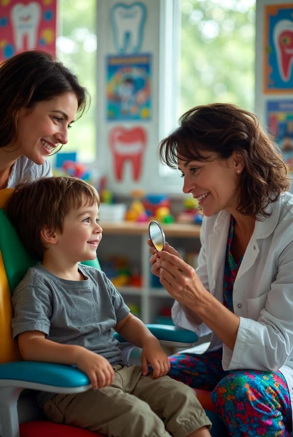 Dentist examining a young child in a dental chair