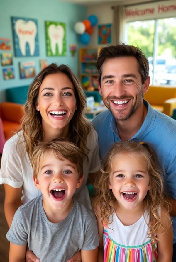 Family smiling together in a dental office waiting room