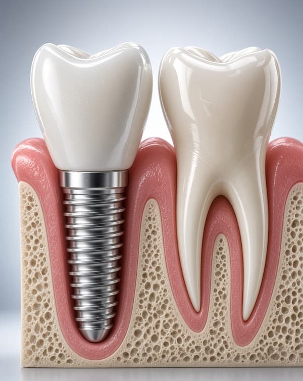 Cross-section diagram of a dental implant next to a natural tooth